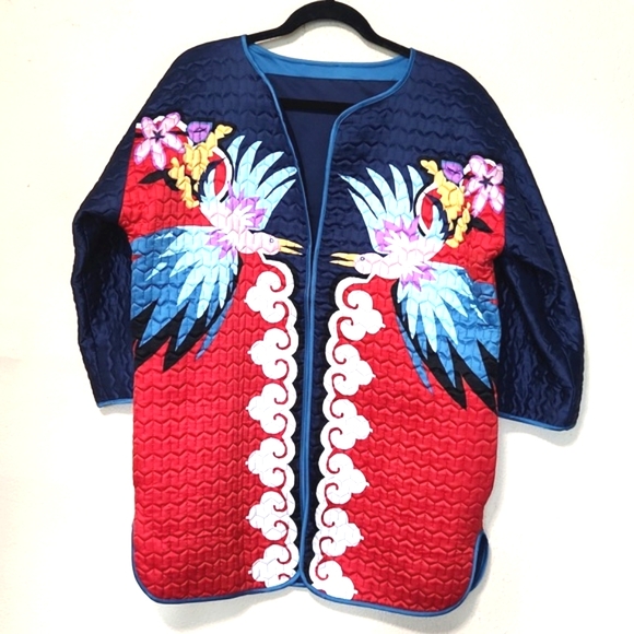 Very Vollbracht Beautiful Artsy Bird Crane Flower Quilted Reversible Jacket L - Picture 1 of 16